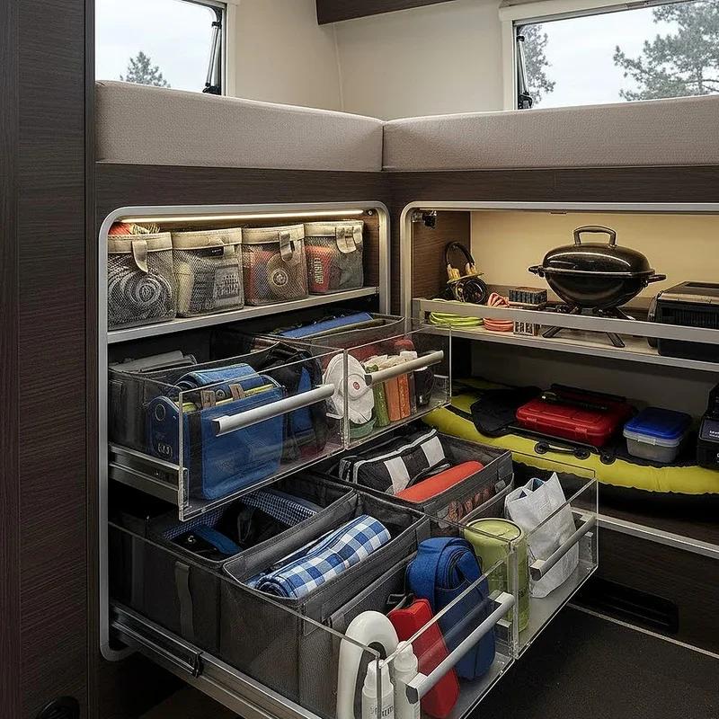 Organized RV interior storage setup