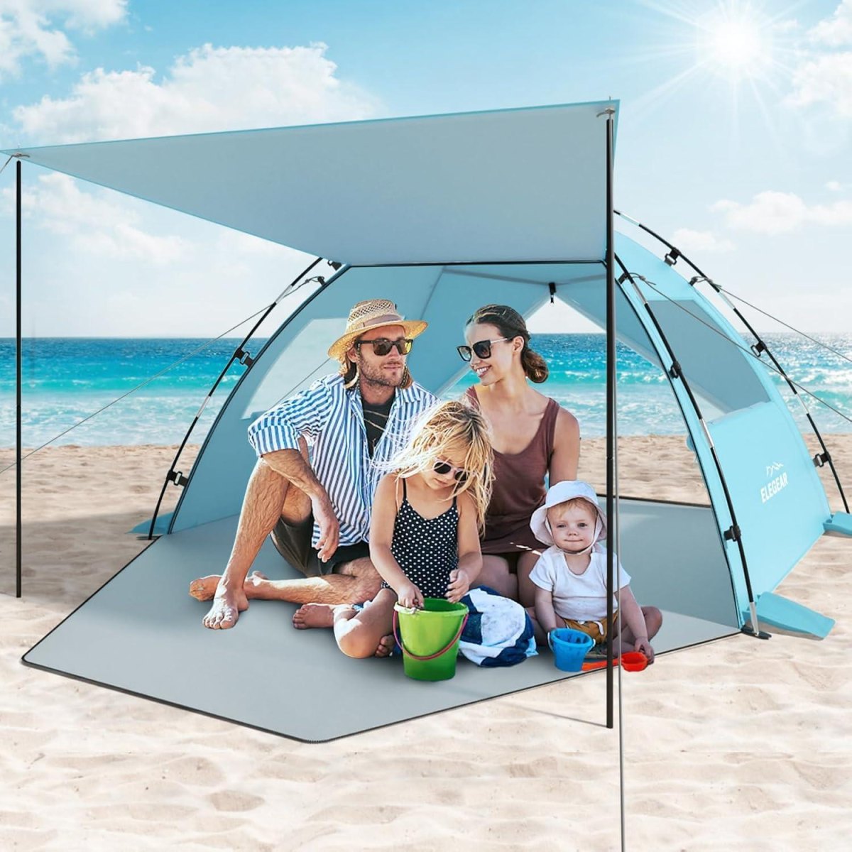 Family beach umbrella shelter