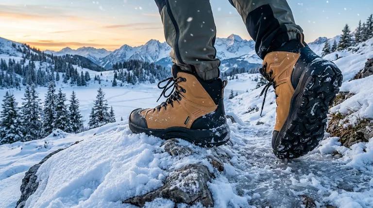 Winter hiking boots in snow