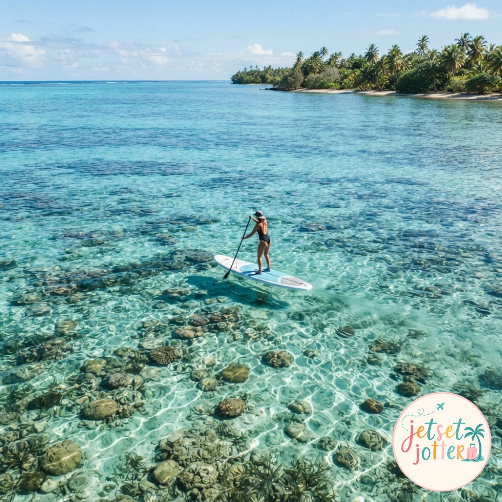 Paddleboarder gliding over a shallow coral garden near overwater bungalow reef access waters