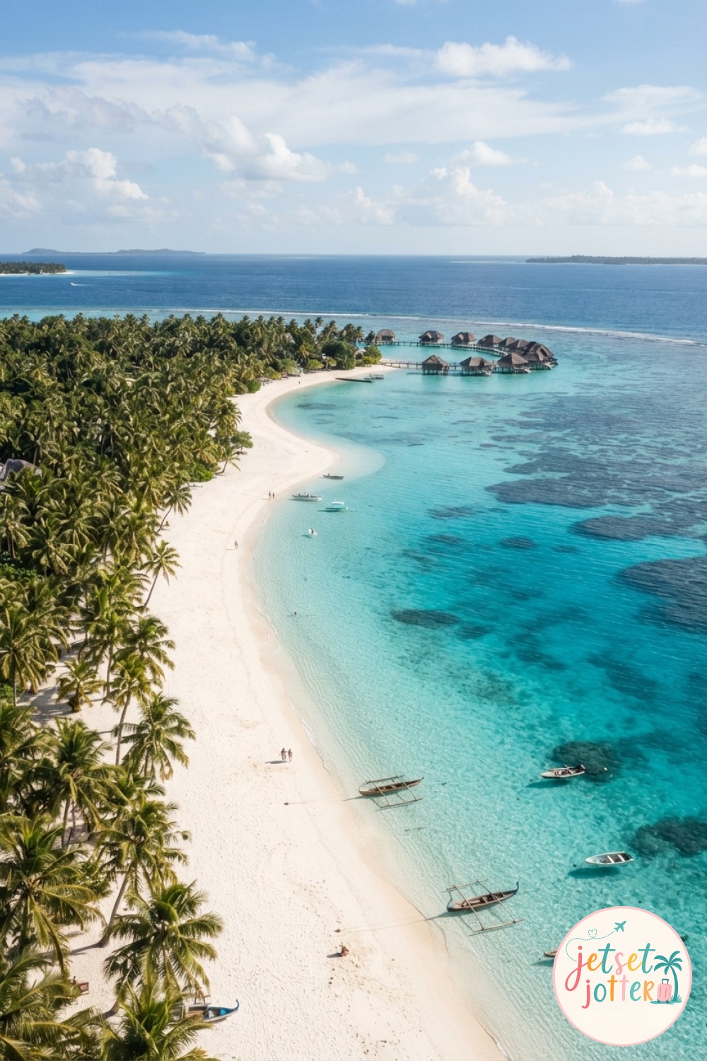 Curved white sand beach and reef leading toward distant overwater bungalows in the lagoon