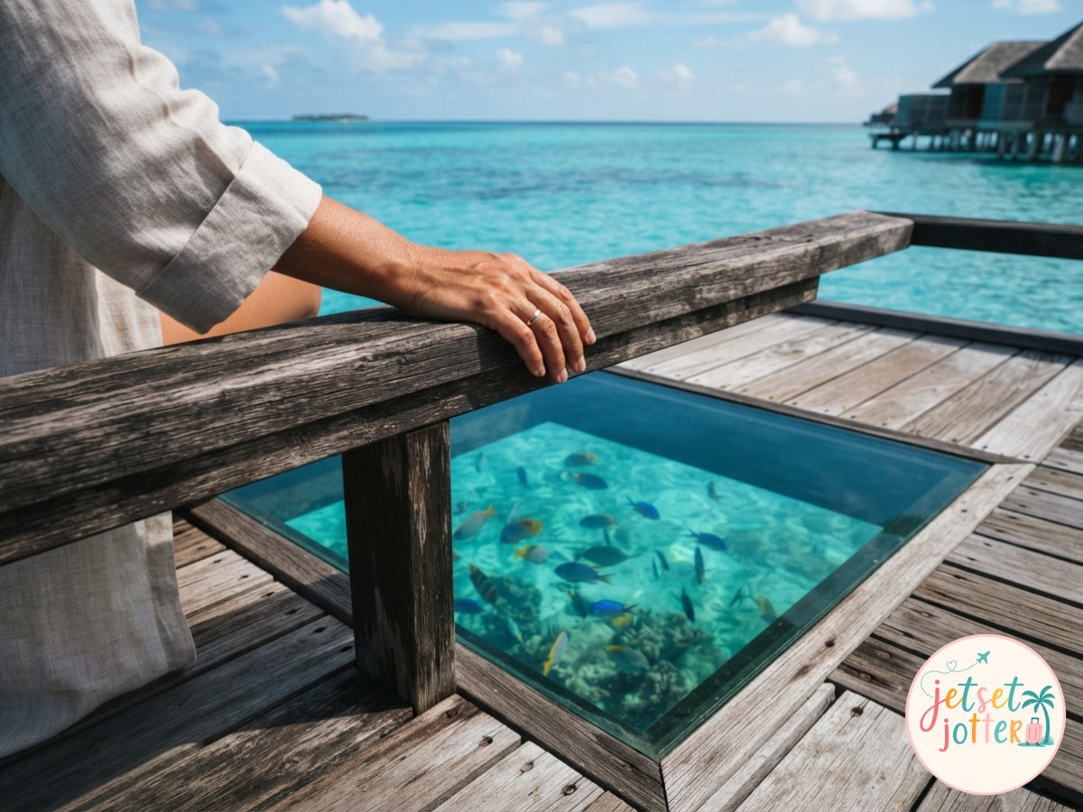 Glass floor panel in an overwater bungalow deck revealing fish beneath the stone-lined lagoon
