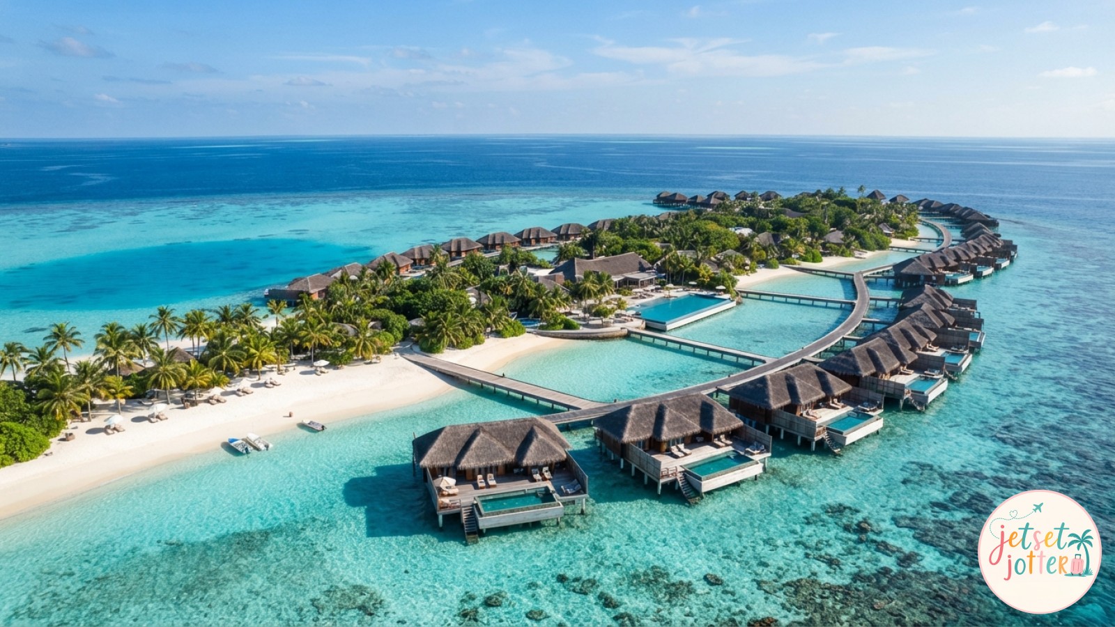 Aerial view of a horseshoe-shaped overwater bungalow resort ideal for planning a Bora Bora style stay