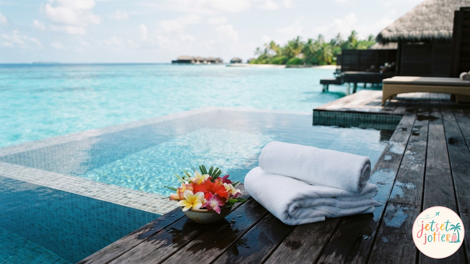 Private infinity plunge pool on an overwater bungalow deck overlooking a turquoise lagoon