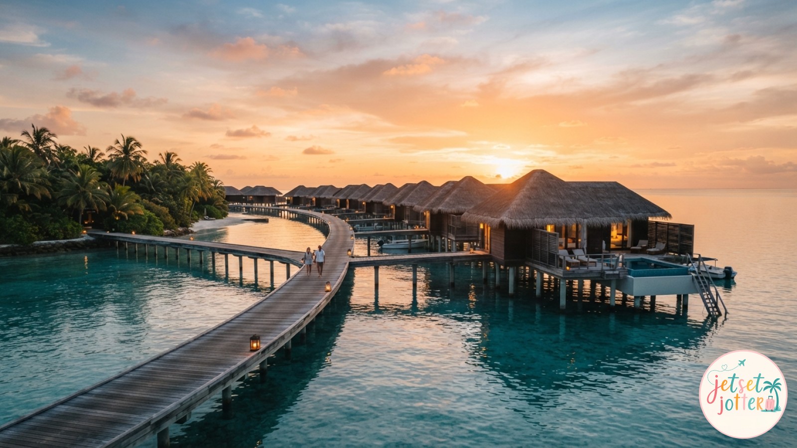 Golden hour view of a long wooden pier connecting overwater bungalows at sunset