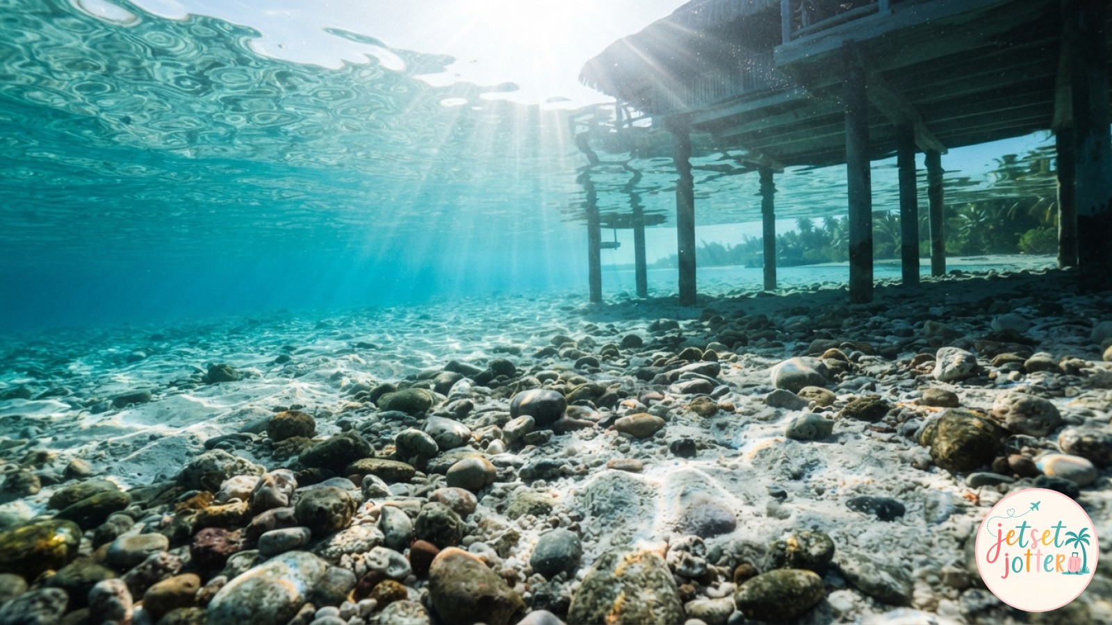 Underwater view of smooth stones on the lagoon floor beneath overwater bungalow stilts