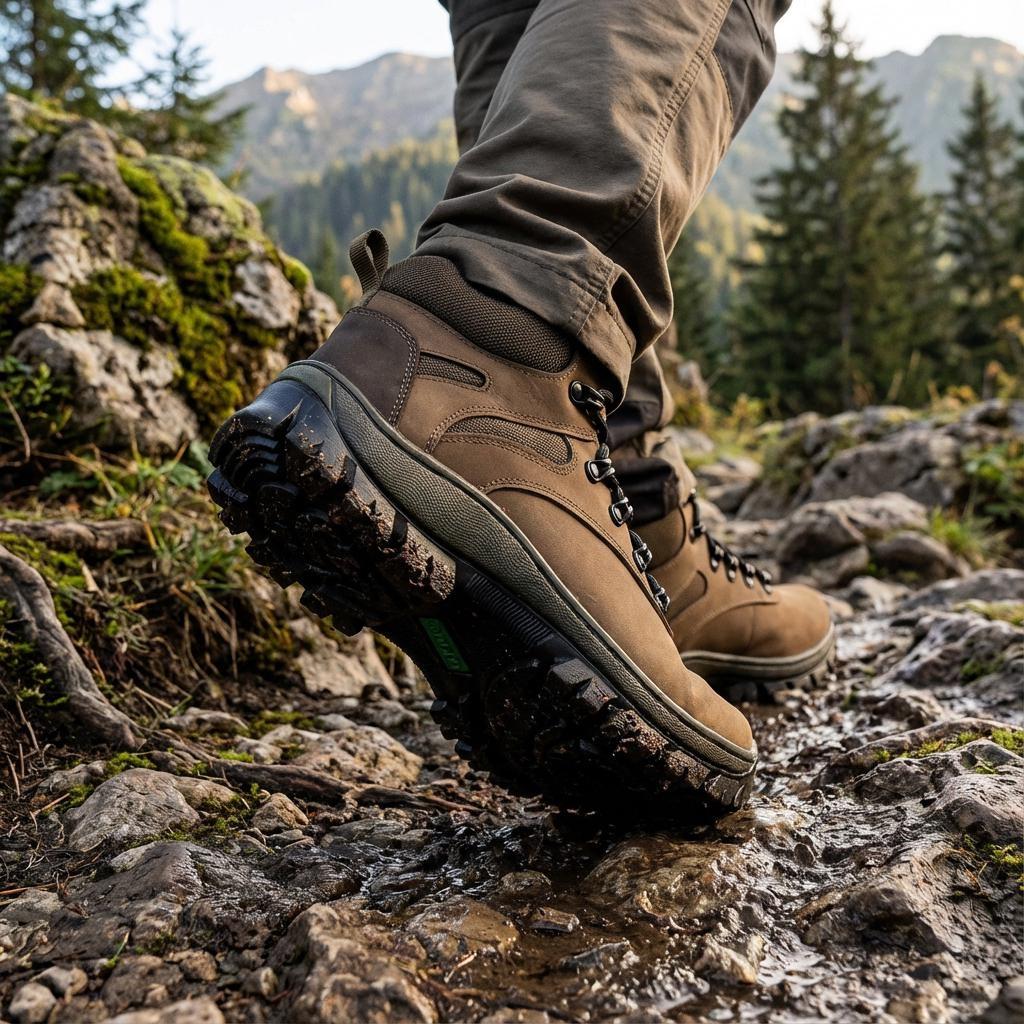 Hiking boots gripping rocky trail