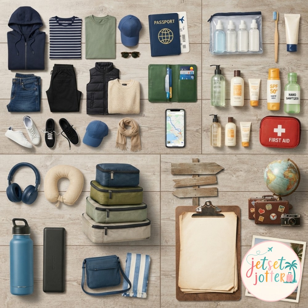 A four-quadrant flat lay maps clothing, toiletries, electronics and extras for a carry-on trip.