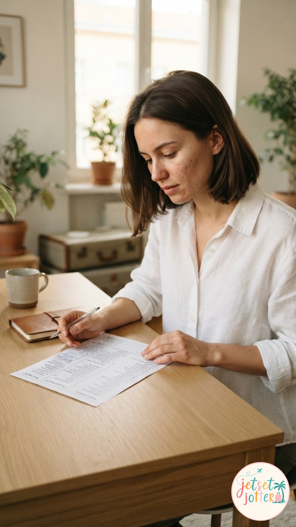 A woman writes out her personalized carry-on packing list on paper at her kitchen table.