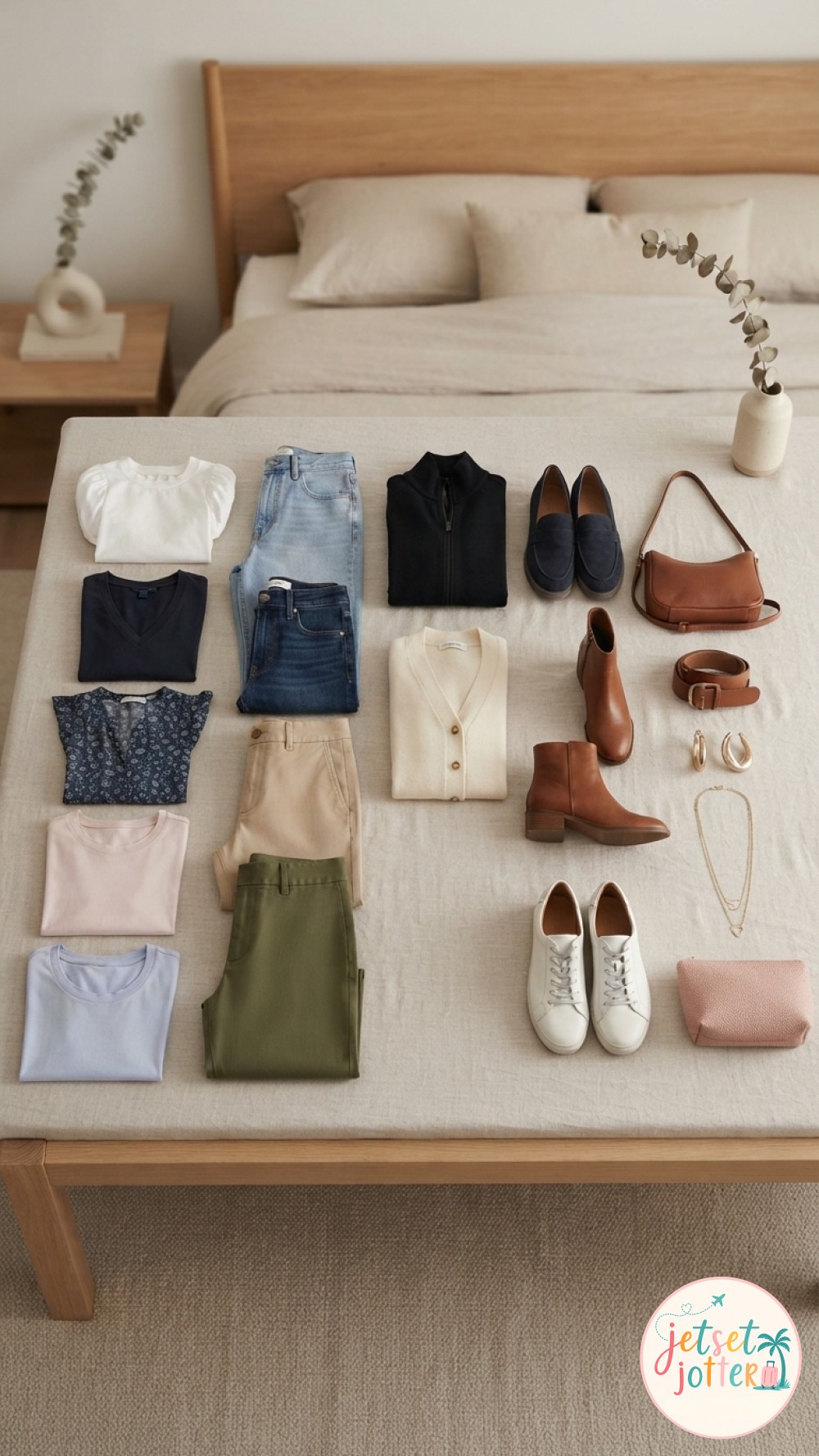 A finished capsule outfit of jumper, jeans, boots and accessories rests folded on a bed.