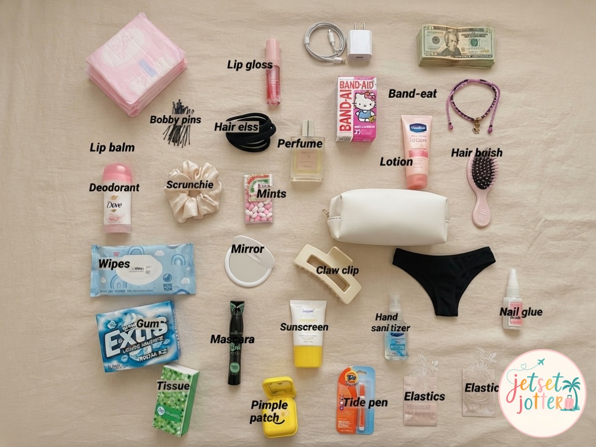 Toiletry and personal-care items flat-laid together form the small-stuff section of a carry-on packing list.
