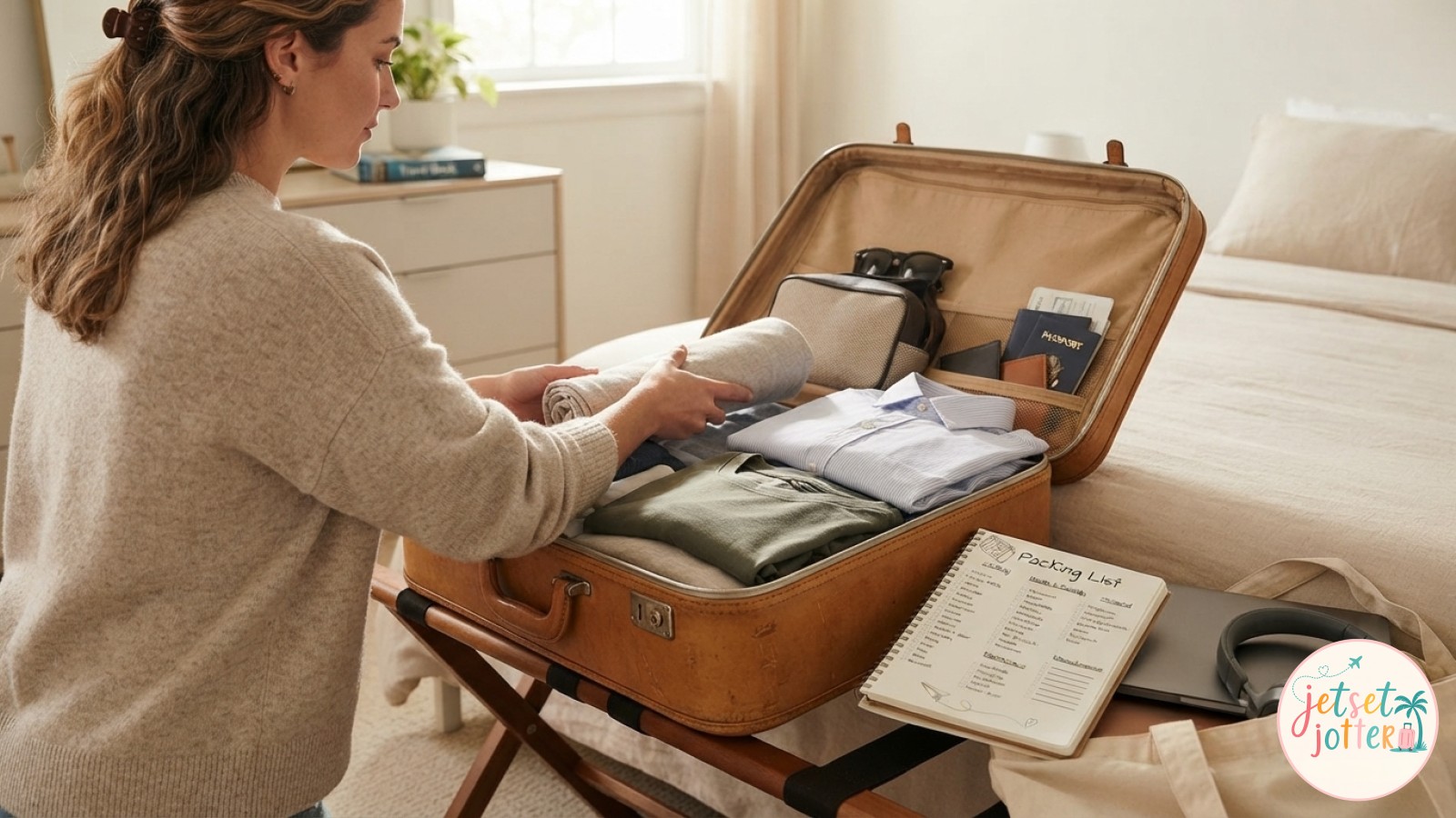 A woman packs neatly folded layers into an open vintage suitcase using her 20 carry on packing list.