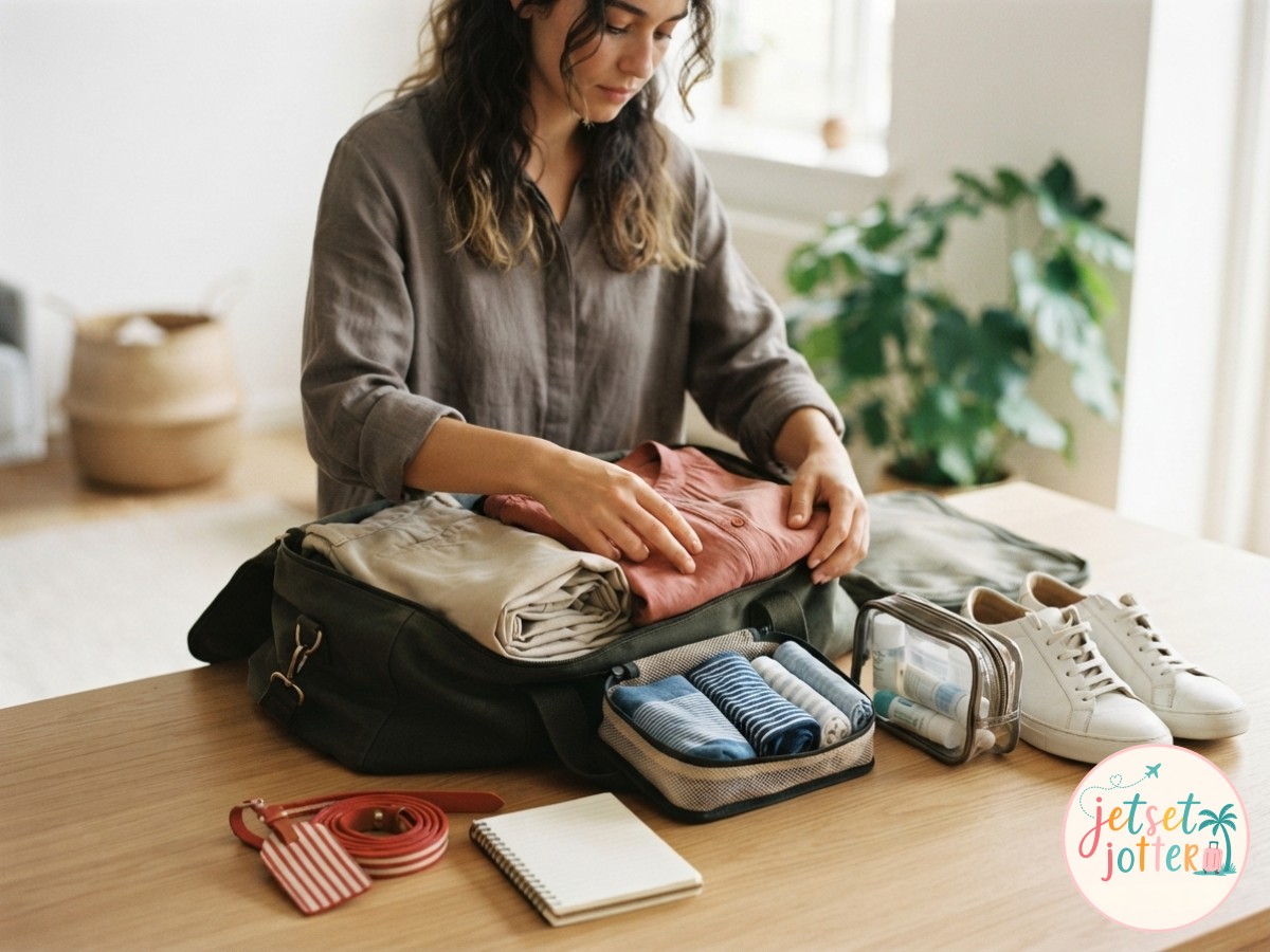 A traveler rolls clothes into packing cubes inside an open duffel bag on a wooden table.