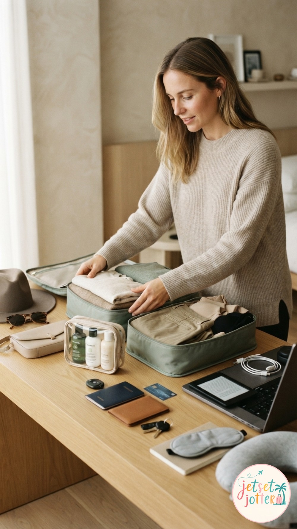 Packing cubes, a toiletry bag, passport and cords are arranged for an organized carry-on system.