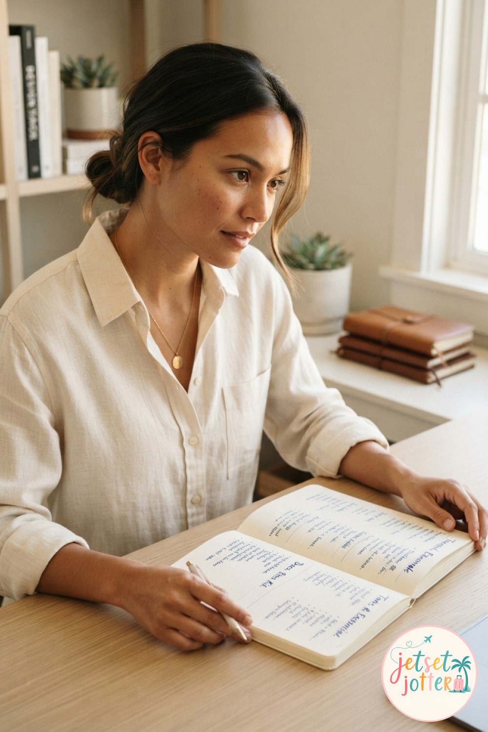 A traveler reviews her packing notebook at a sunlit table before finalizing her carry-on list.