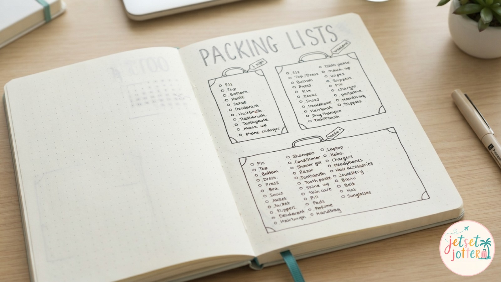 A handwritten notebook page titled Packing Lists sits open beside a laptop and pen on a wooden desk.