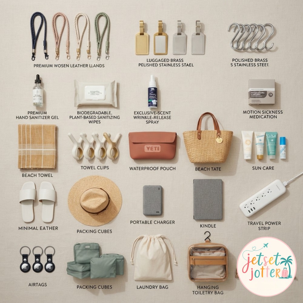 A flat lay of packing cubes, luggage tags, sun care and beach gear rounds out a carry-on essentials list.