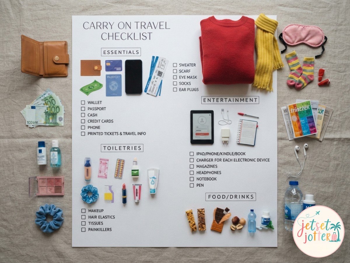 A printed carry-on travel checklist breaks essentials, entertainment, toiletries and food into columns.