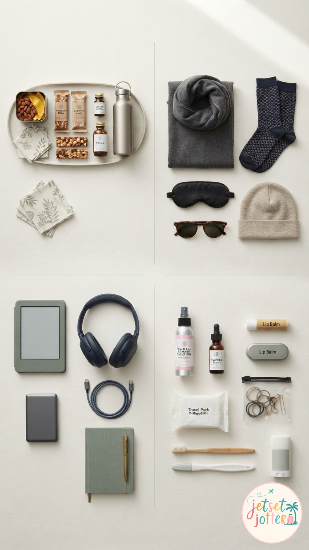 A four-part grid shows snacks, comfort items, tech and skincare for a long-haul carry-on kit.