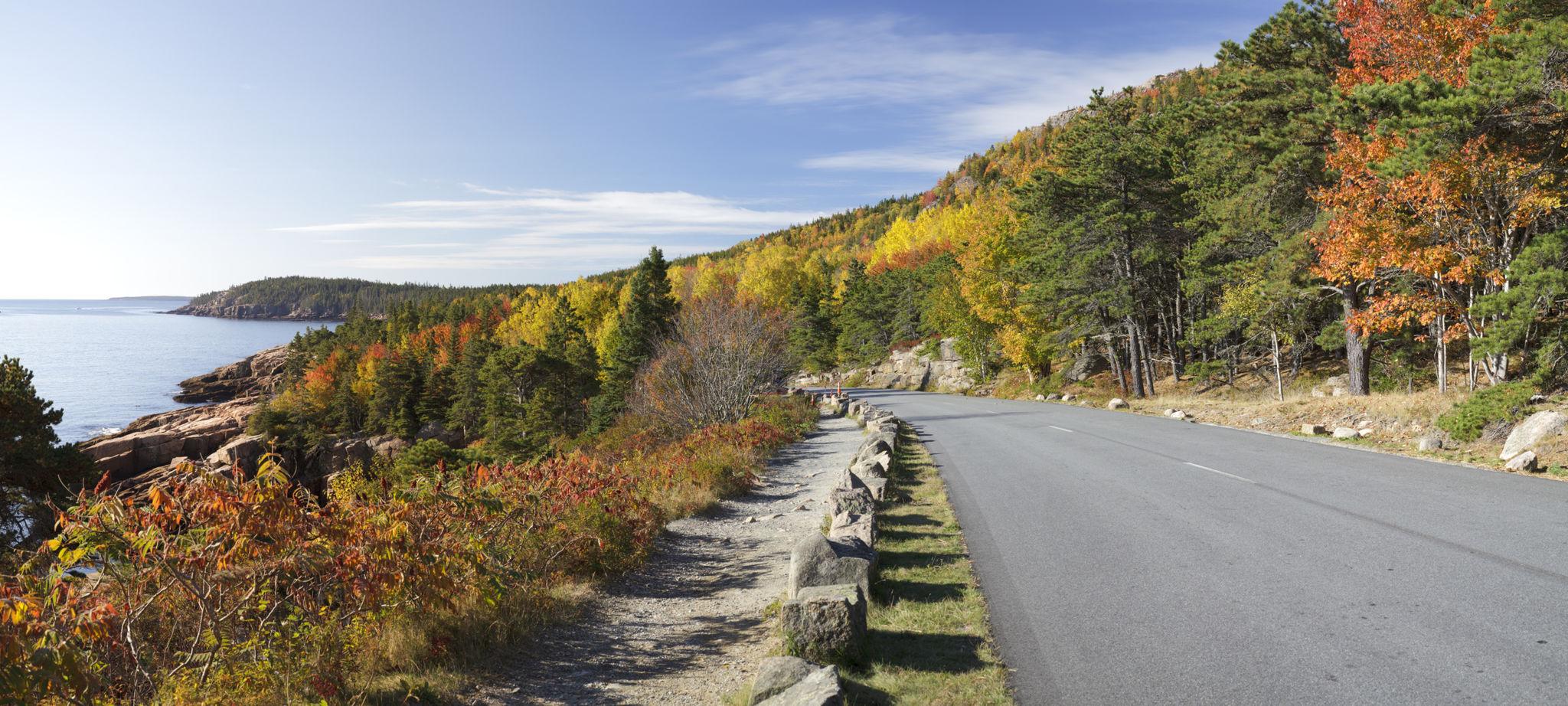New England coast road with fall foliage