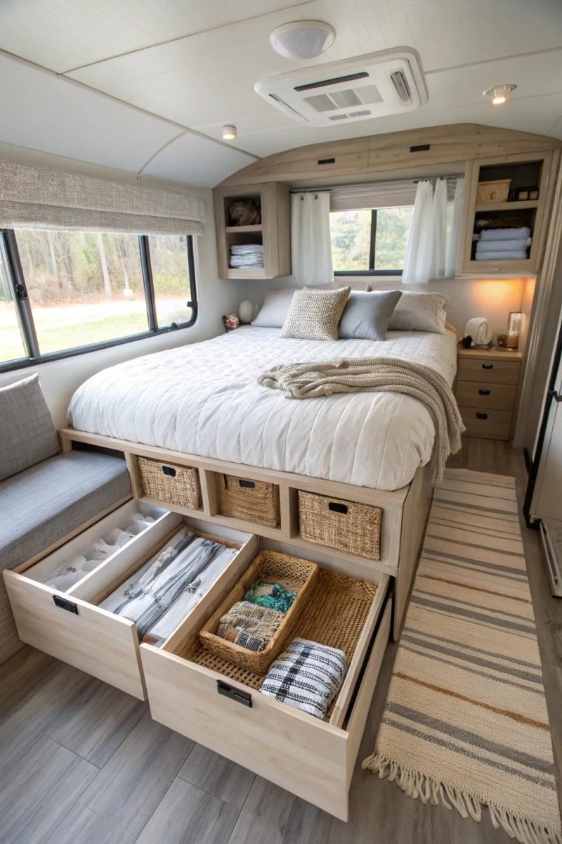 Organized RV sleeping area interior