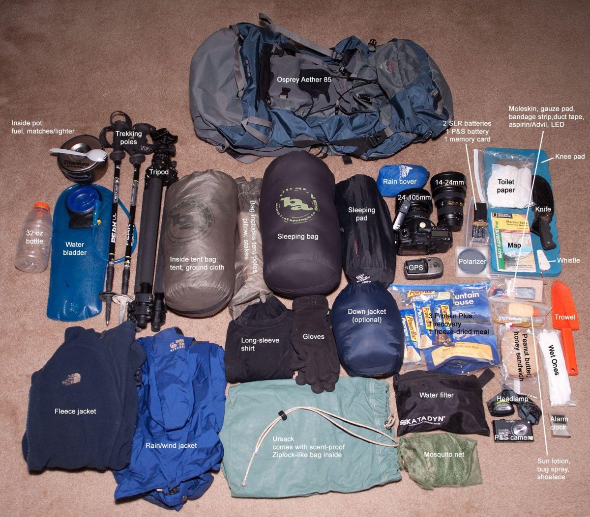 Complete thru hiking gear layout