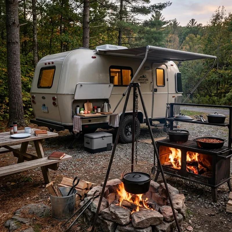 Outdoor cooking near trailer