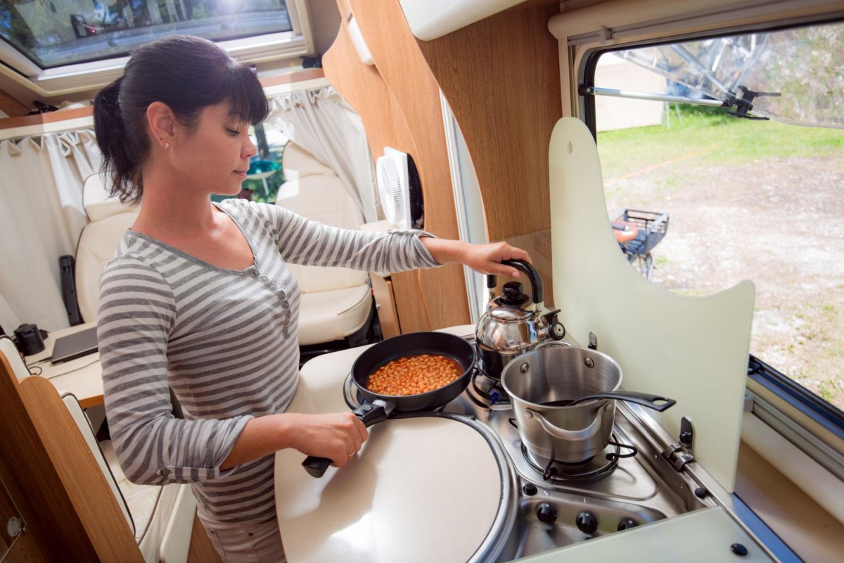 RV kitchen preparing affordable meal