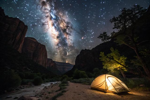 Tent camping under starry sky