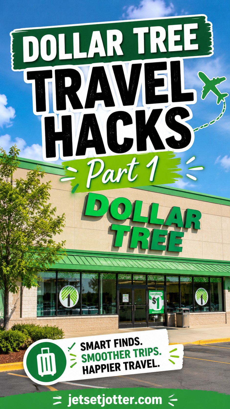 Exterior of a Dollar Tree storefront featured in a travel hacks guide for budget packing finds