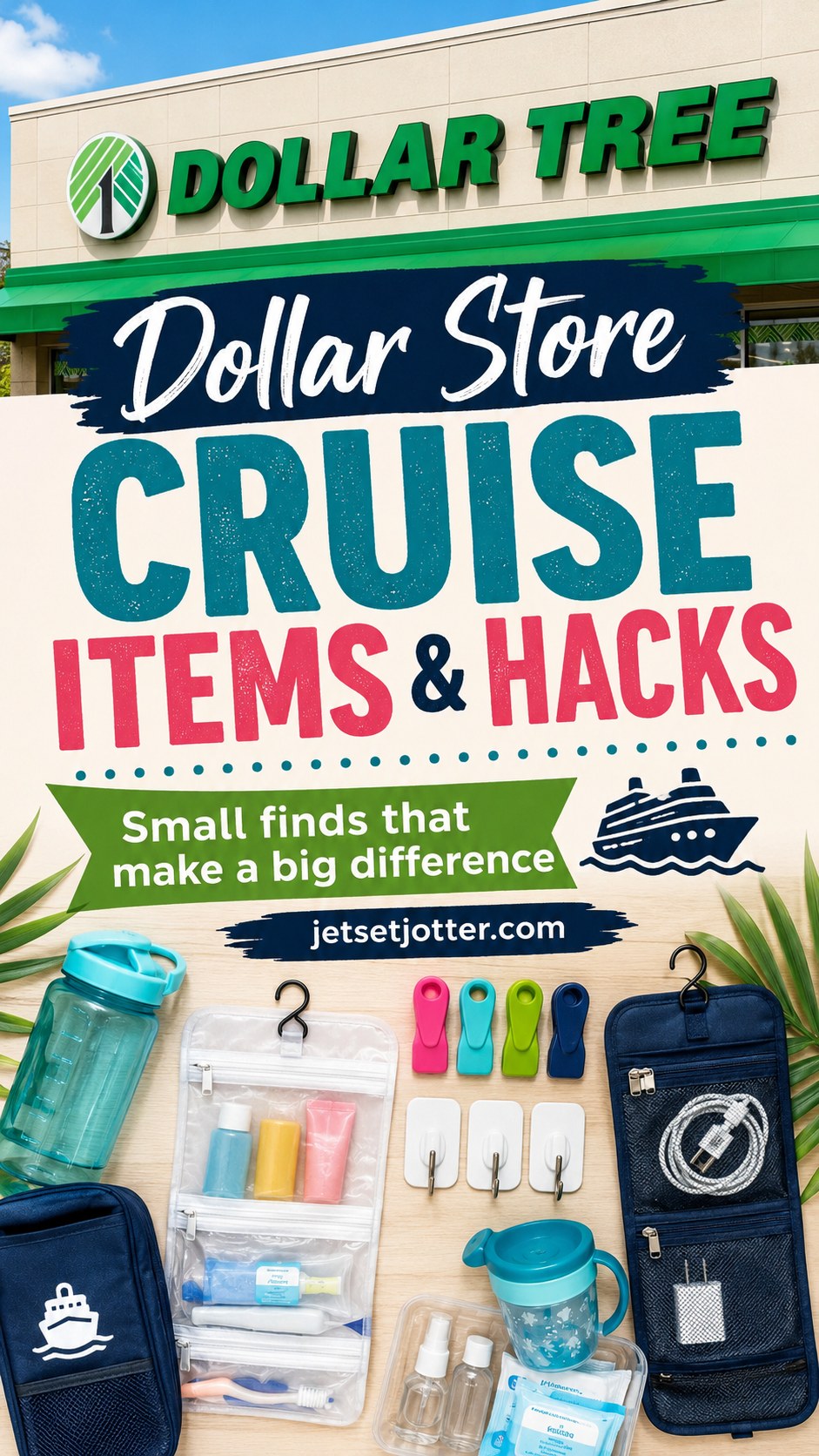 Dollar Tree cruise items laid out including a hanging toiletry organizer, shaker bottle, and magnetic hooks