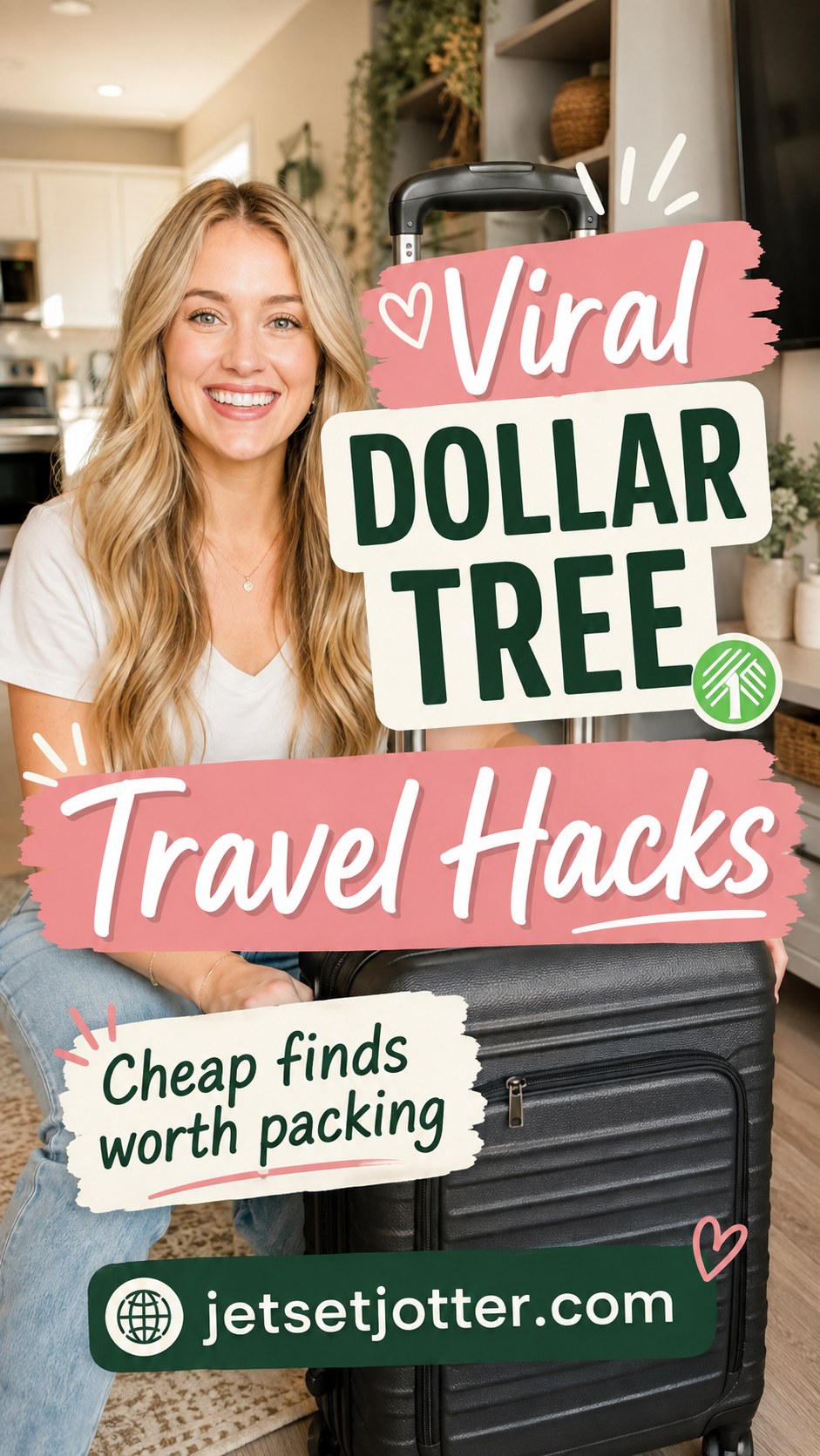 Traveler smiling beside a suitcase showcasing viral Dollar Tree travel hacks worth packing