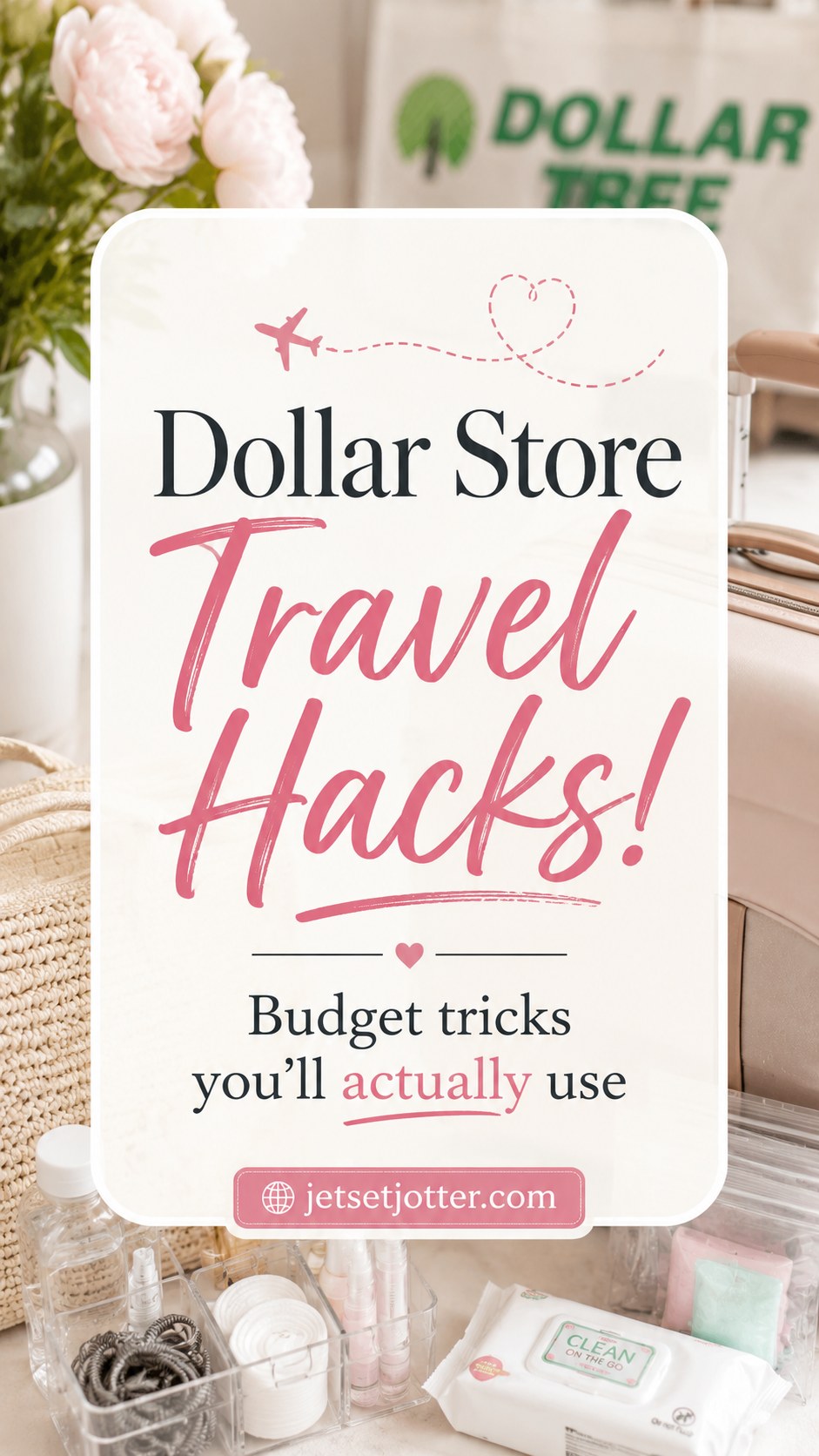 Dollar Tree bag beside a suitcase with small organizer trays and travel wipes for packing hacks
