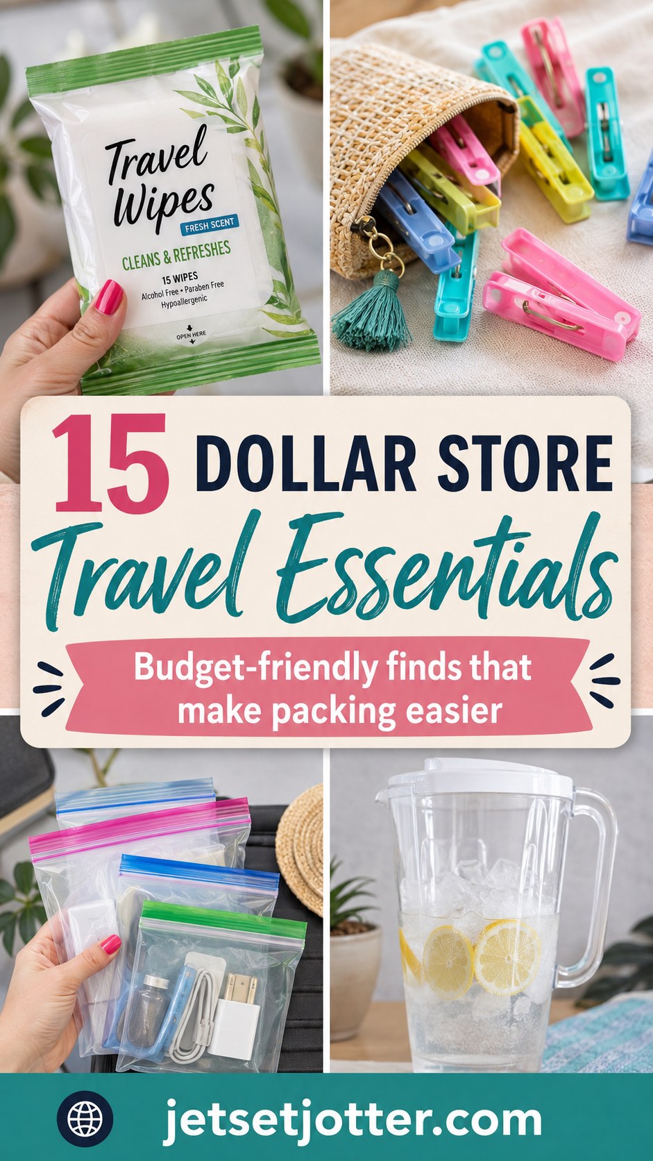 Flat lay of dollar store travel essentials including travel wipes, colorful clips, and ziplock bags
