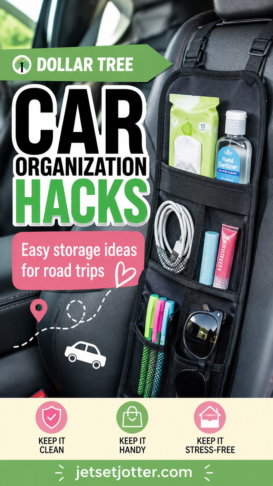 Car backseat organizer filled with wipes, hand sanitizer, and cords for a road trip organization hack
