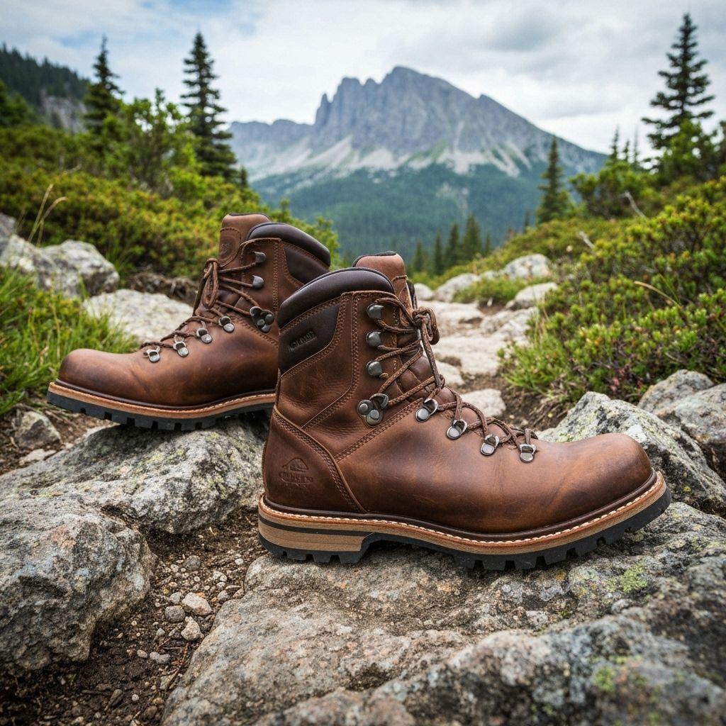 Durable boots on rocky mountain trail