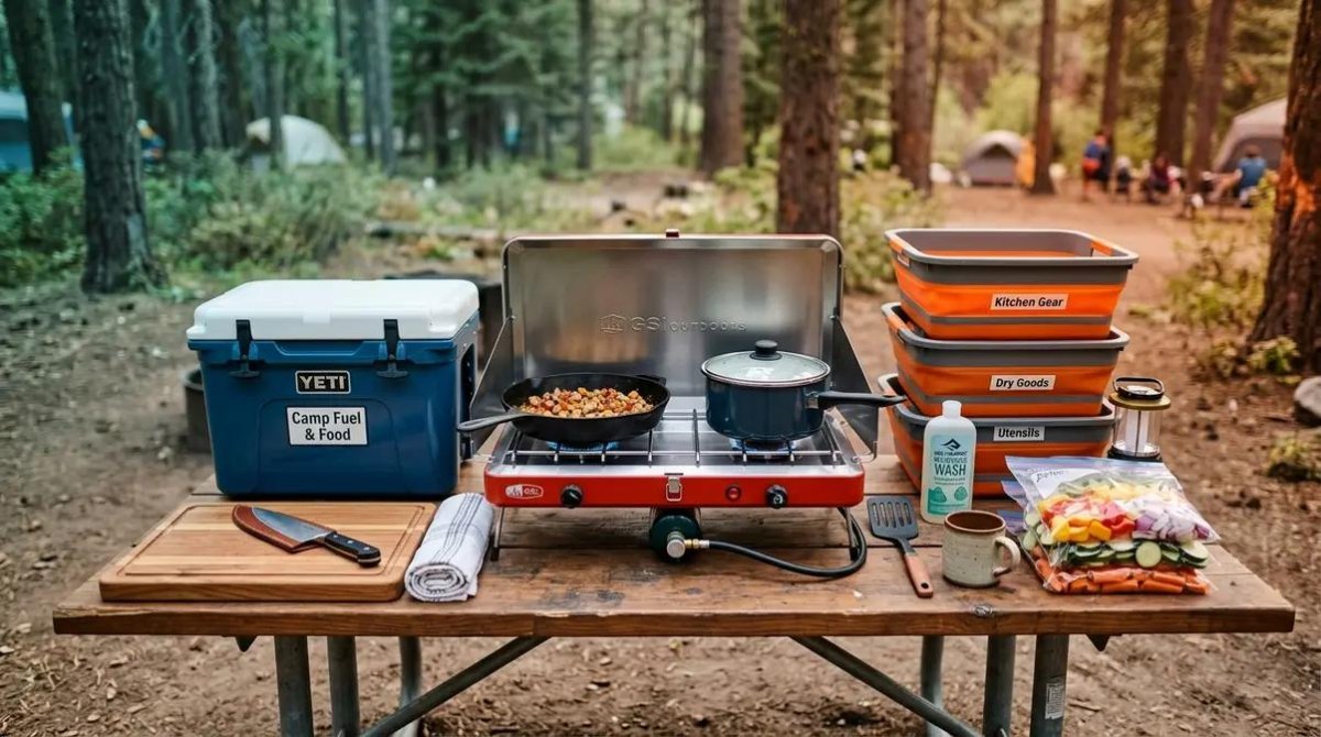 Camping stove cookware setup