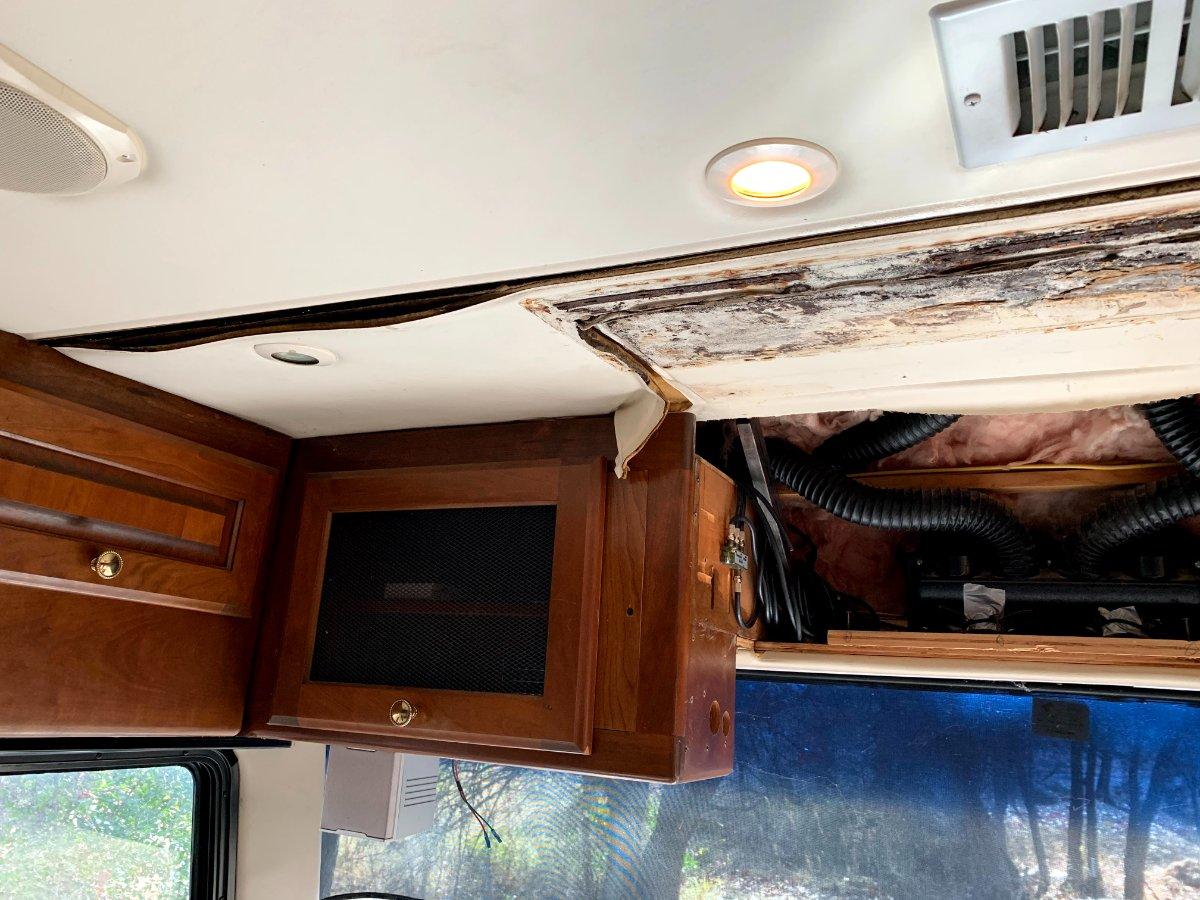 RV interior showing water damage