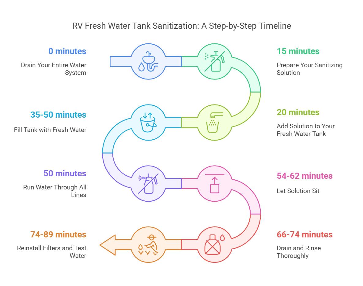 RV fresh water tank sanitizing process