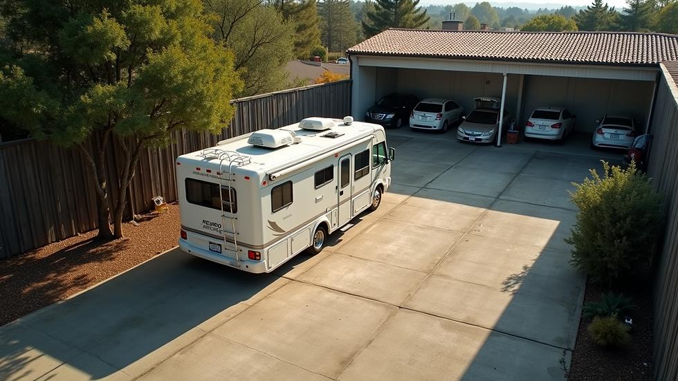 RV stored in parking area
