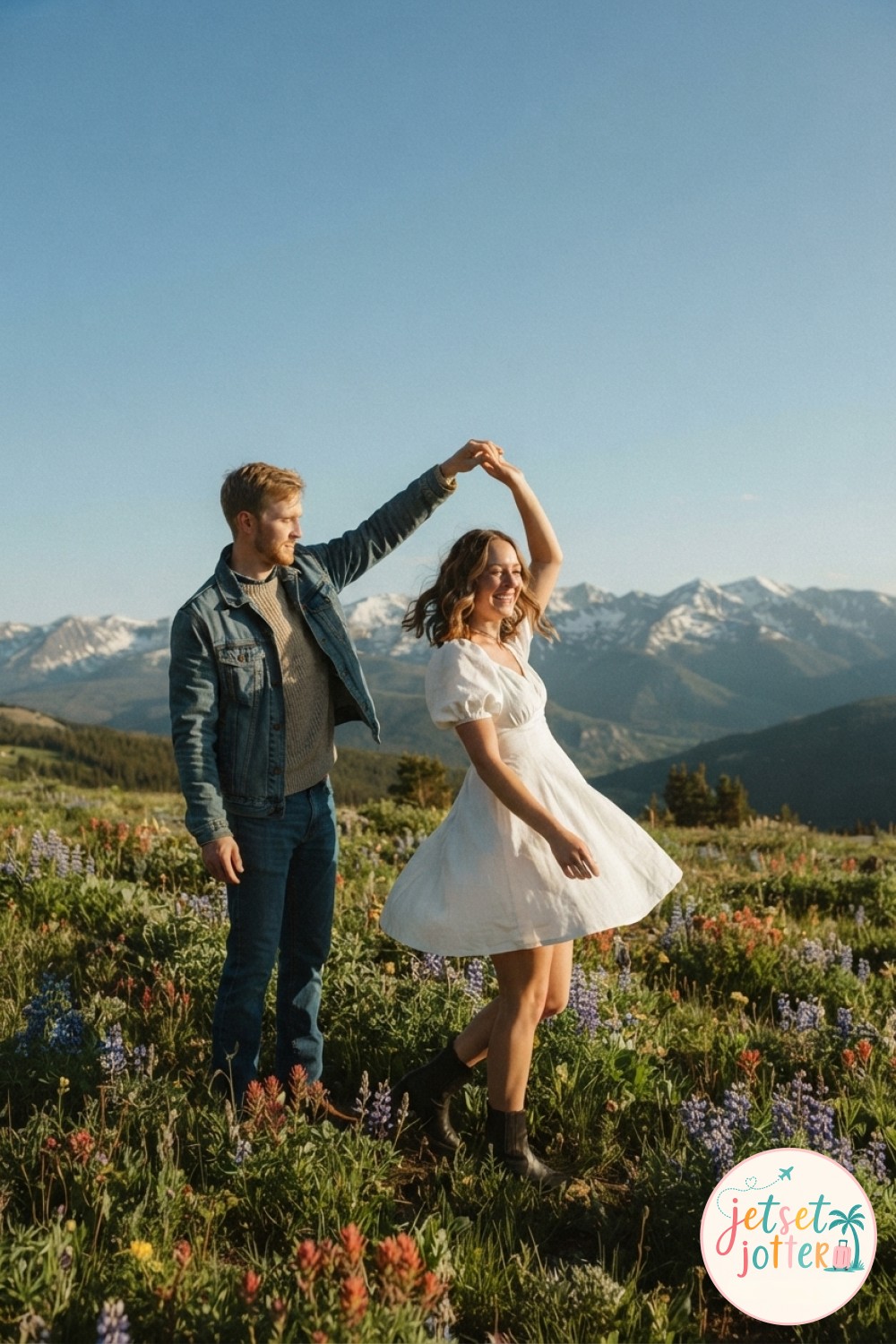 A creative hiking couple photo idea shot from overhead, lying side by side on a grassy hilltop.