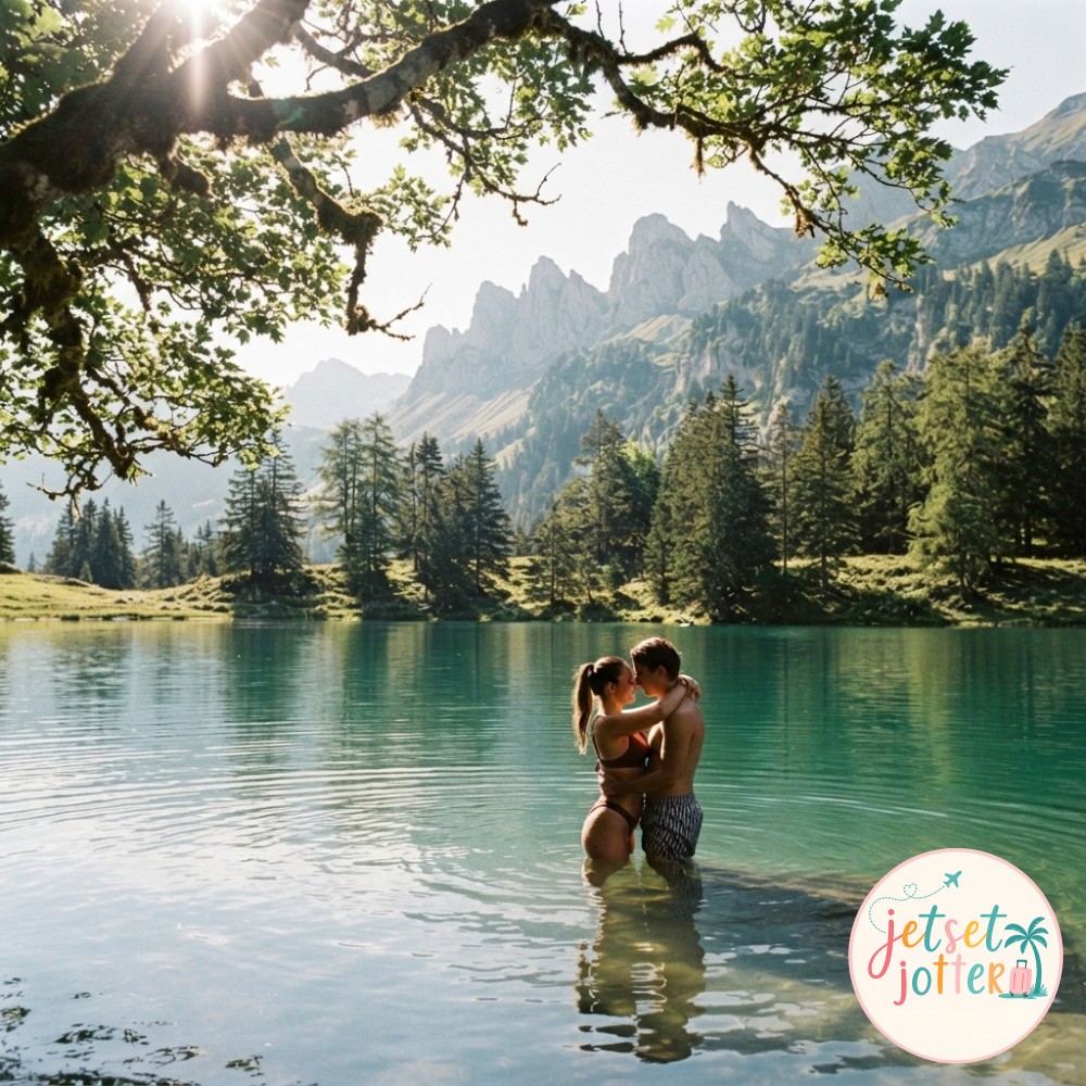 A cozy hiking couple photo idea sharing a thermos of coffee on a shaded forest log break.