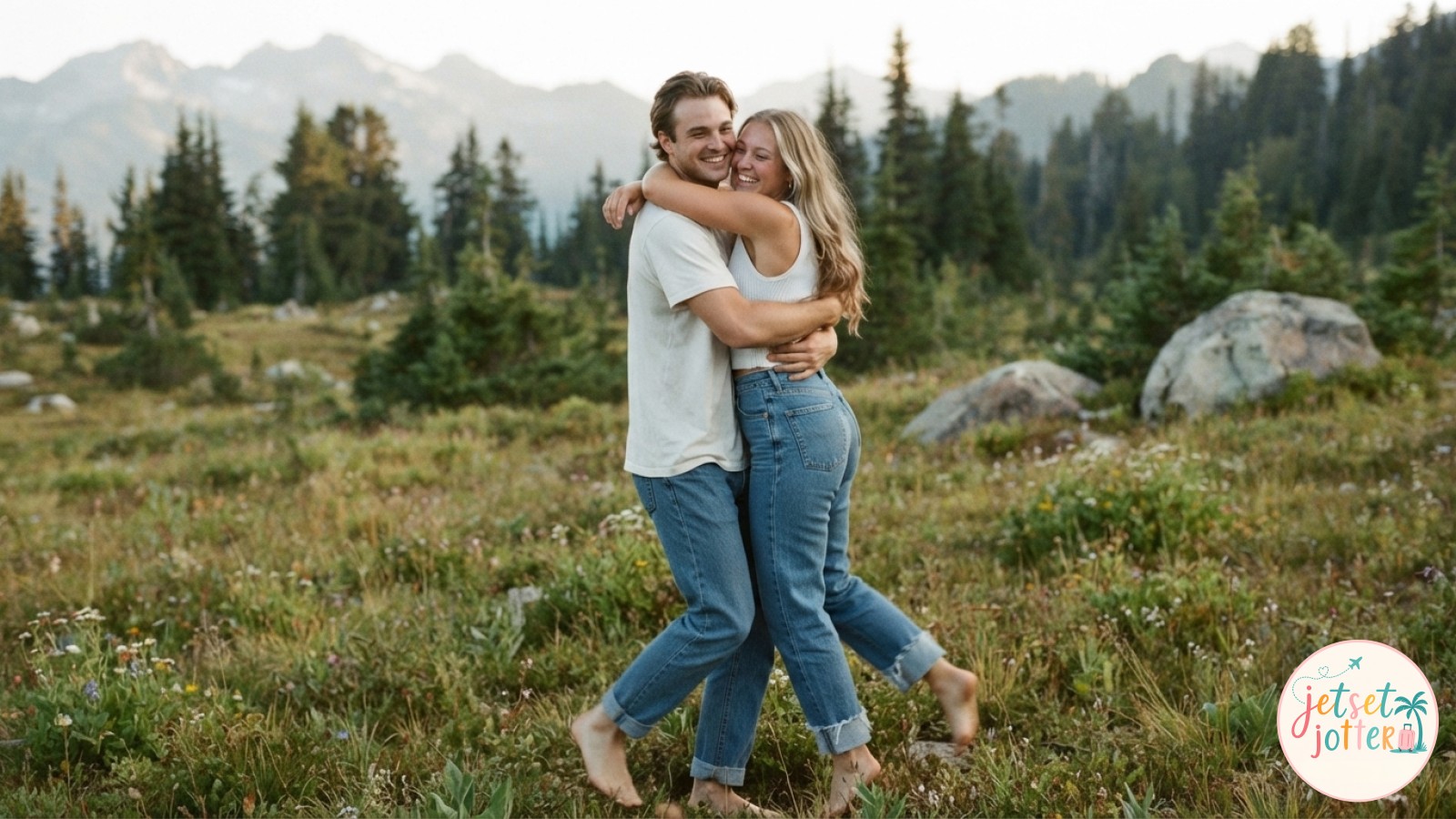 A simple hiking couple photo idea pointing toward distant peaks at a golden-lit viewpoint.