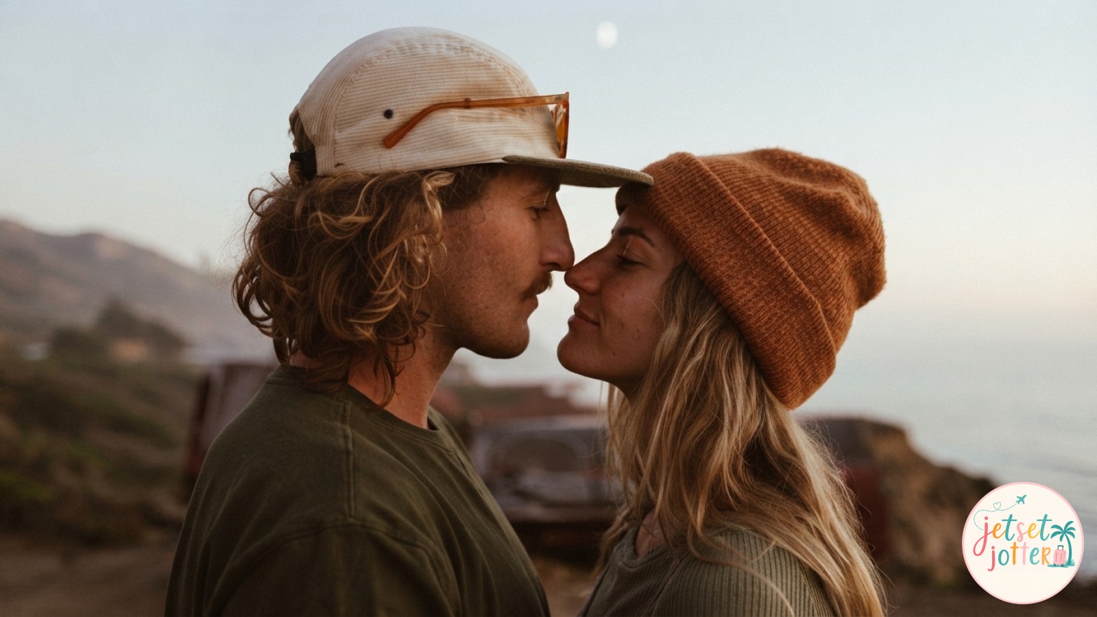 A from-behind hiking couple photo idea walking a golden grass path toward distant mountains.