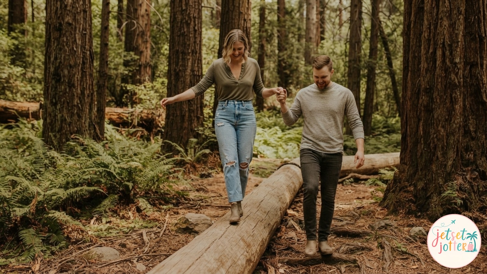 A scenic hiking couple photo idea walking with trekking poles through wildflowers and peaks.