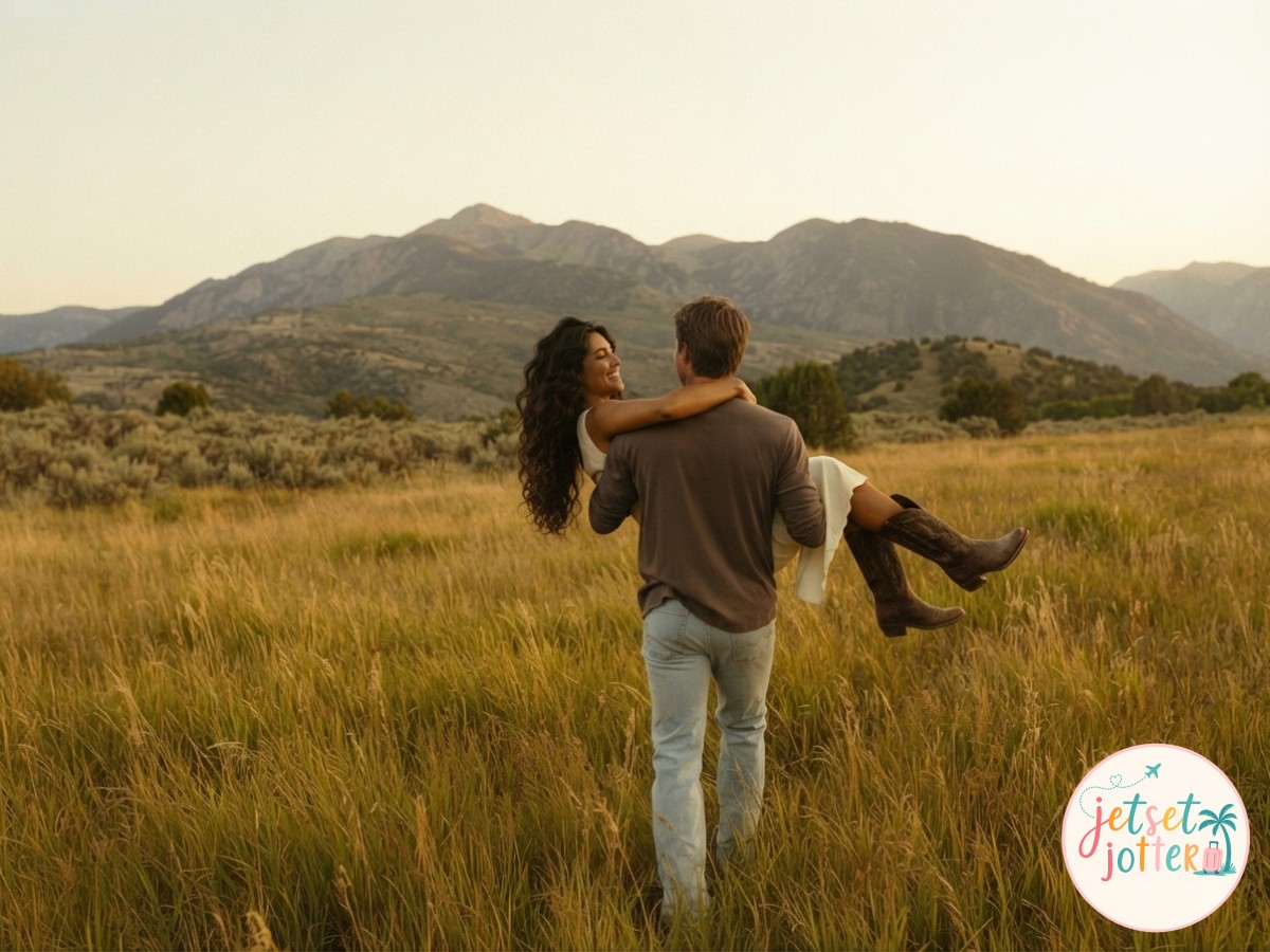 A hiking couple photo idea of two people dangling their legs off a cliff edge at sunset.