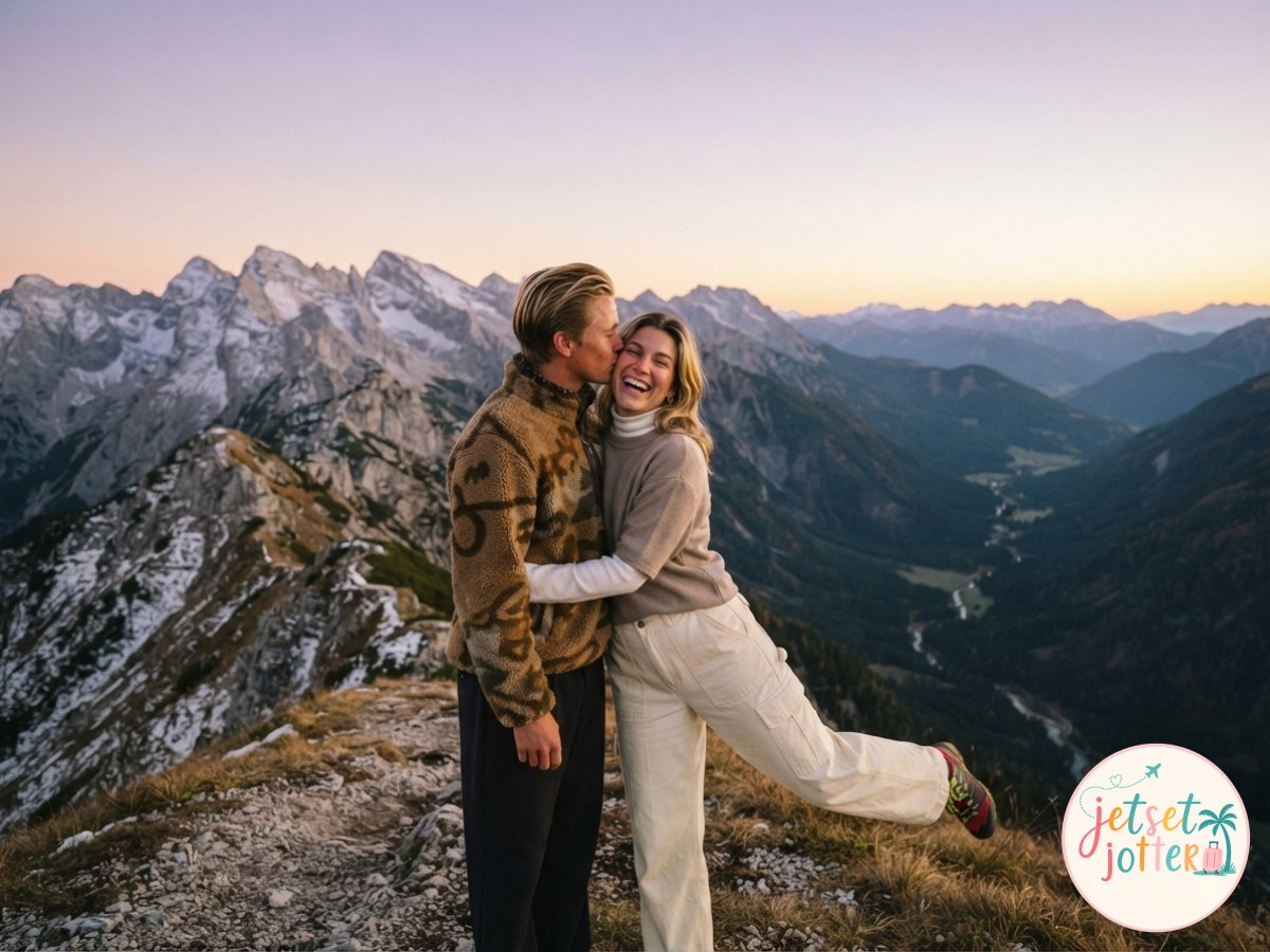 A candid hiking couple photo idea of adjusting a backpack strap on a sunlit forest trail.