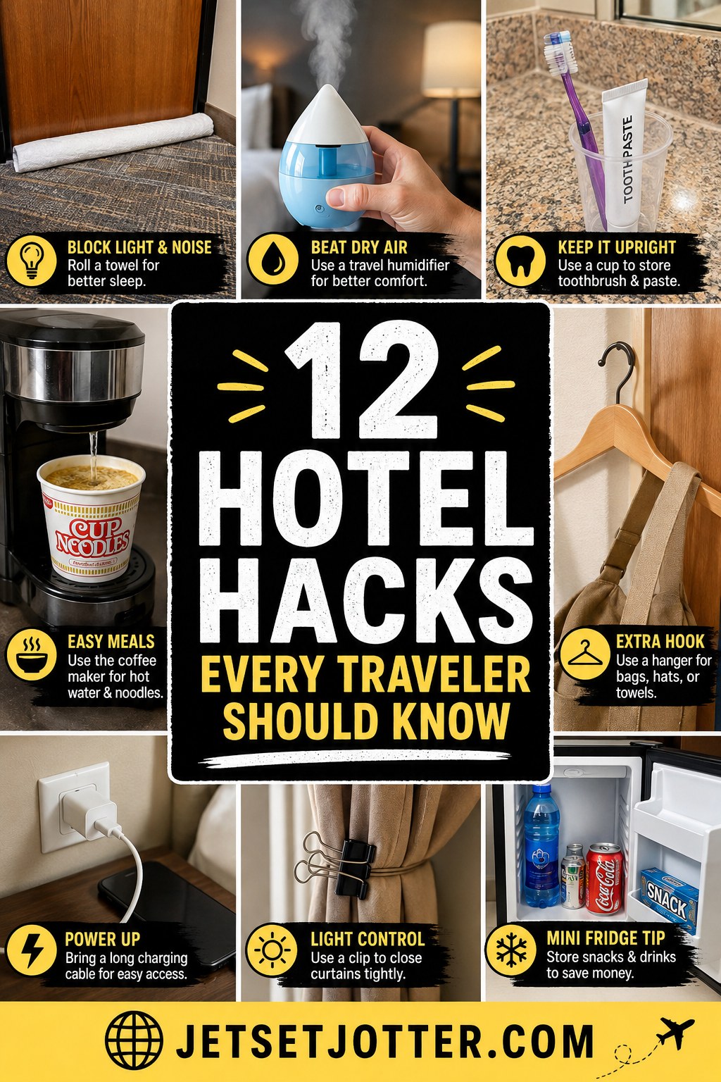 A collage of twelve hotel hacks including blocking light and noise and using the coffee maker for hot water.