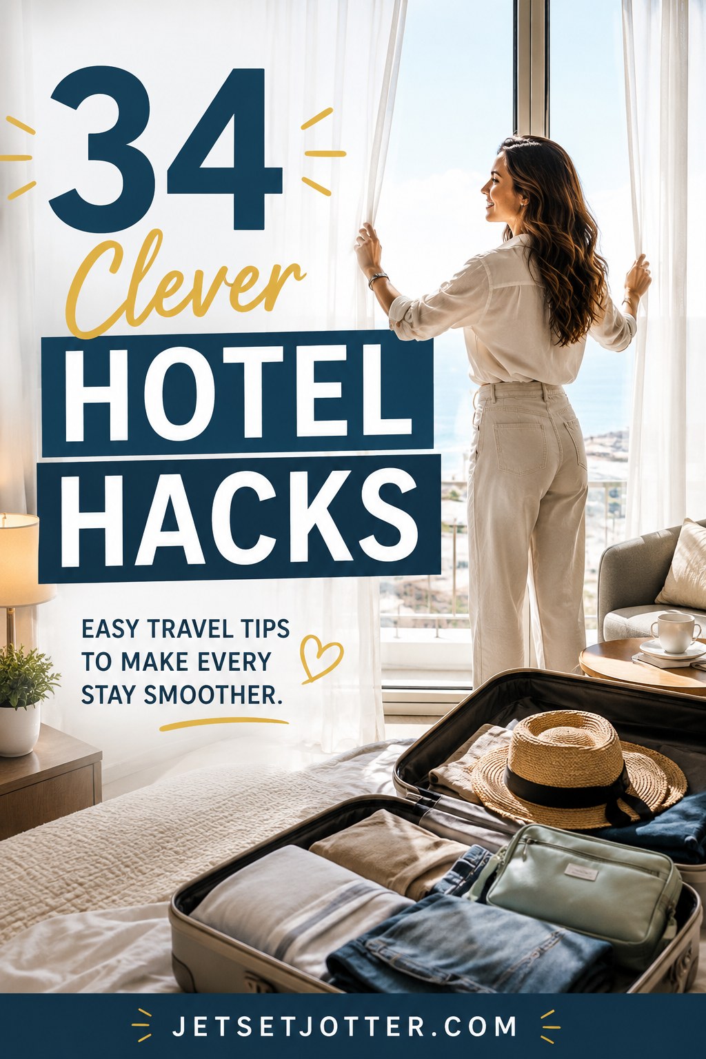 A traveler opens hotel curtains beside an organized suitcase, part of a list of clever hotel hacks.