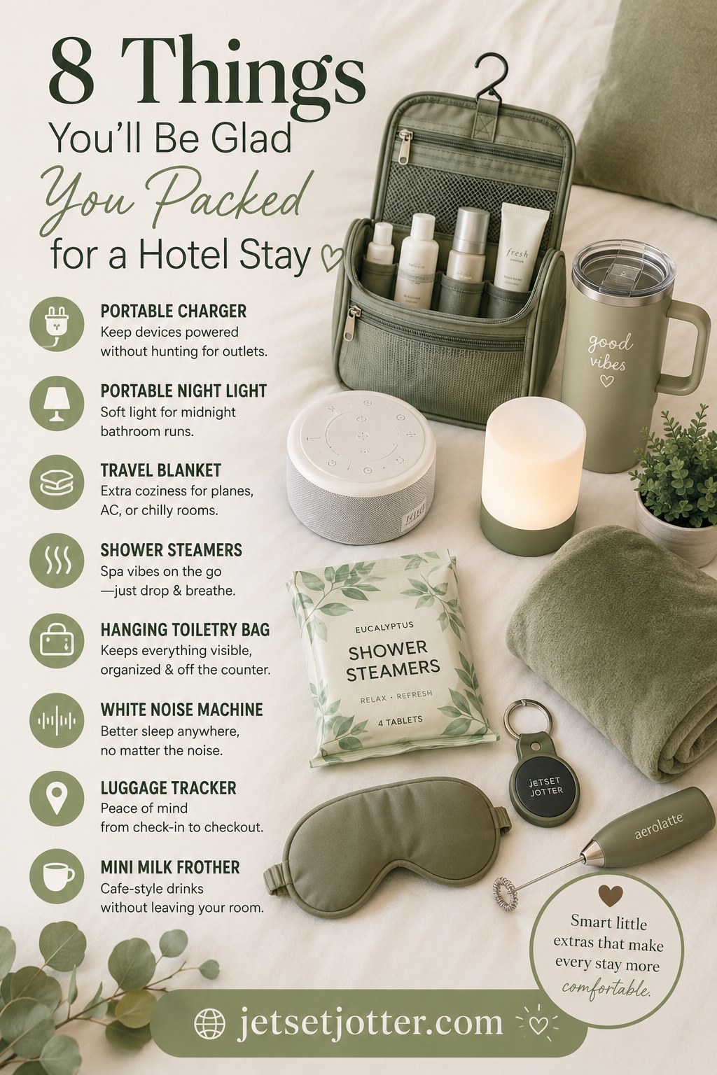 Packed hotel stay essentials including a portable charger, night light, and shower steamers laid on a bed.